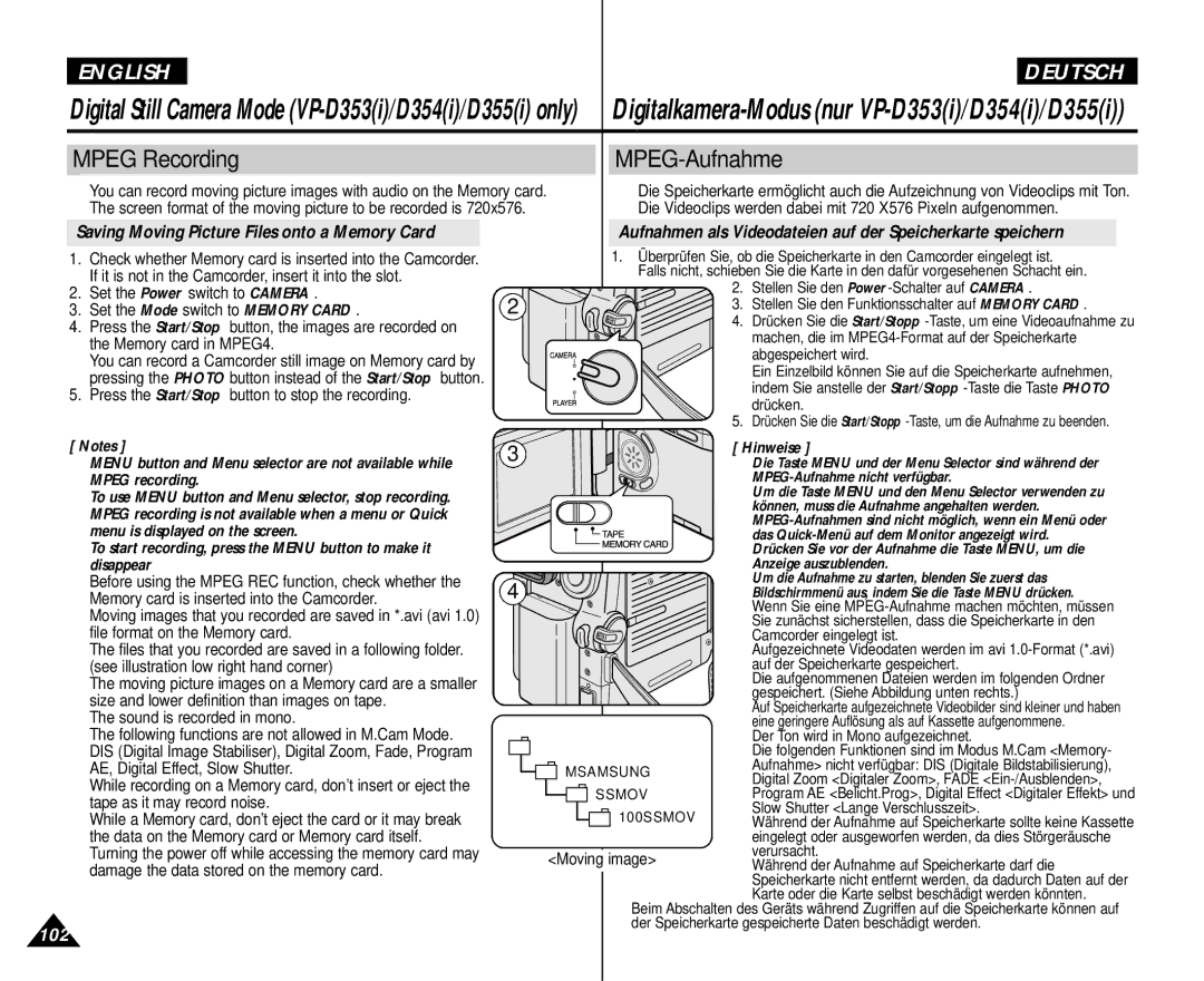 Samsung AD68-00839H Mpeg Recording MPEG-Aufnahme, Saving Moving Picture Files onto a Memory Card, Anzeige auszublenden 