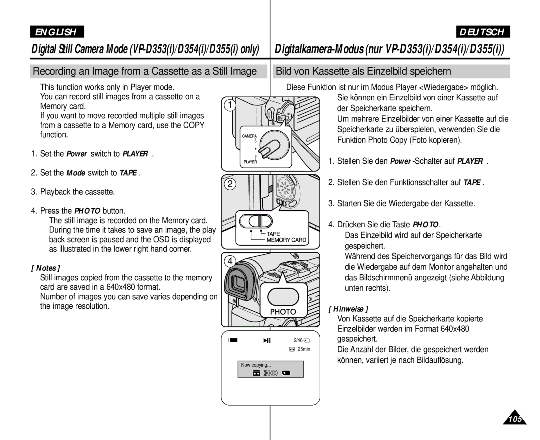 Samsung AD68-00839H manual Bild von Kassette als Einzelbild speichern, Gespeichert, Können, variiert je nach Bildauflösung 