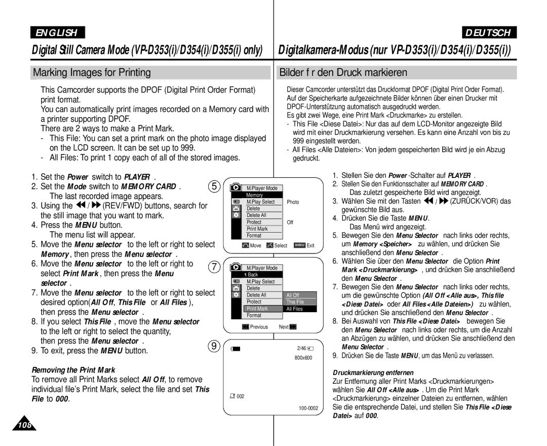 Samsung AD68-00839H Marking Images for Printing Bilder für den Druck markieren, Select Print Mark, then press the Menu 