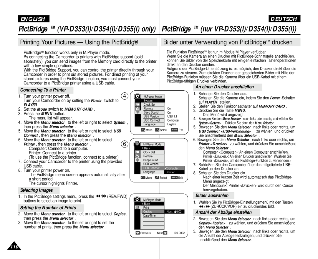 Samsung AD68-00839H manual An einen Drucker anschließen, Connecting To a Printer, Selecting Images, Bilder auswählen 