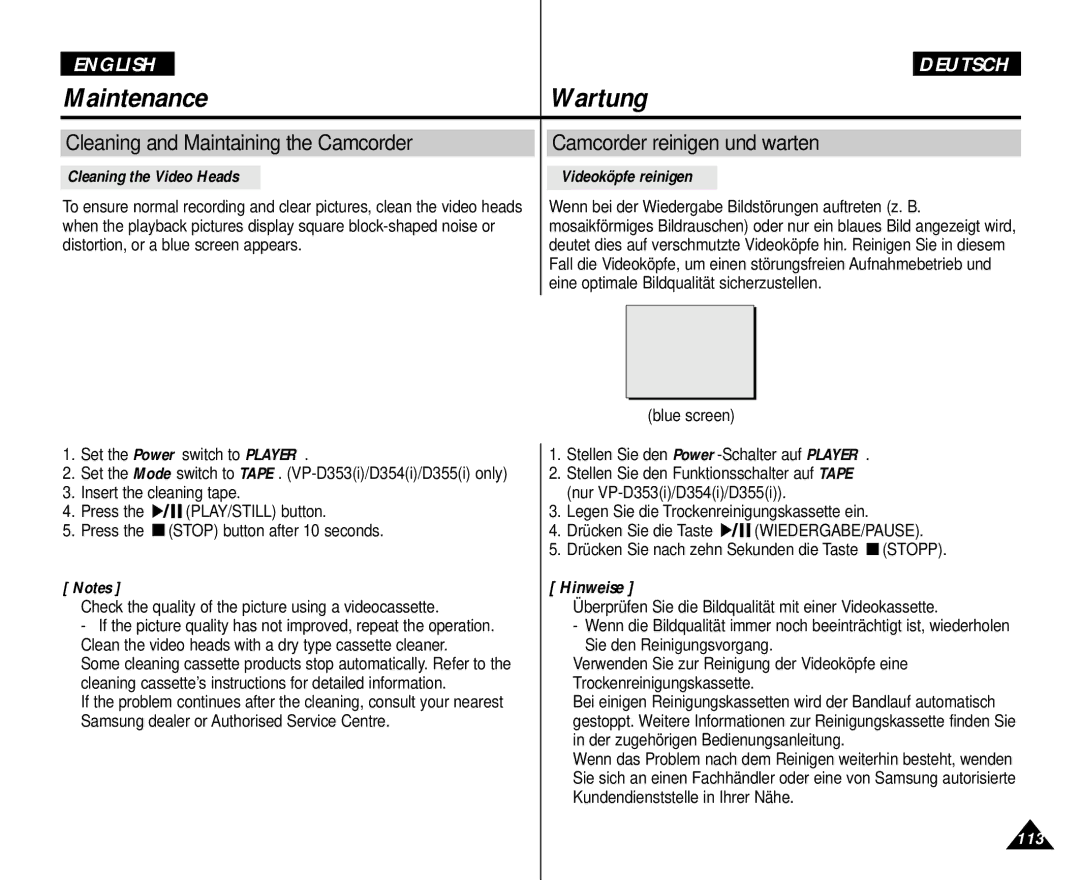 Samsung AD68-00839H manual Maintenance Wartung, Blue screen Set the Power switch to Player 