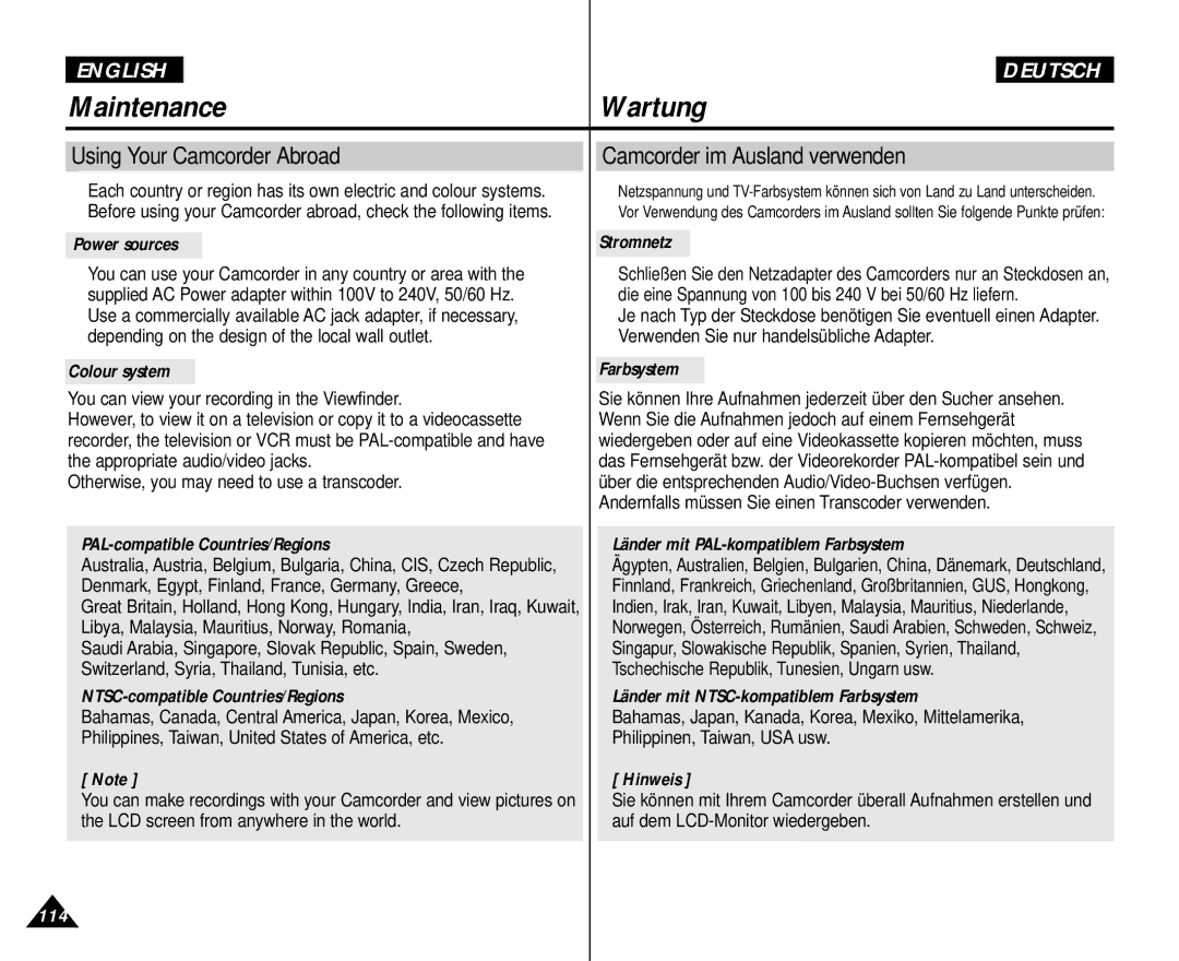 Samsung AD68-00839H manual Maintenance Wartung, Using Your Camcorder Abroad, Camcorder im Ausland verwenden 