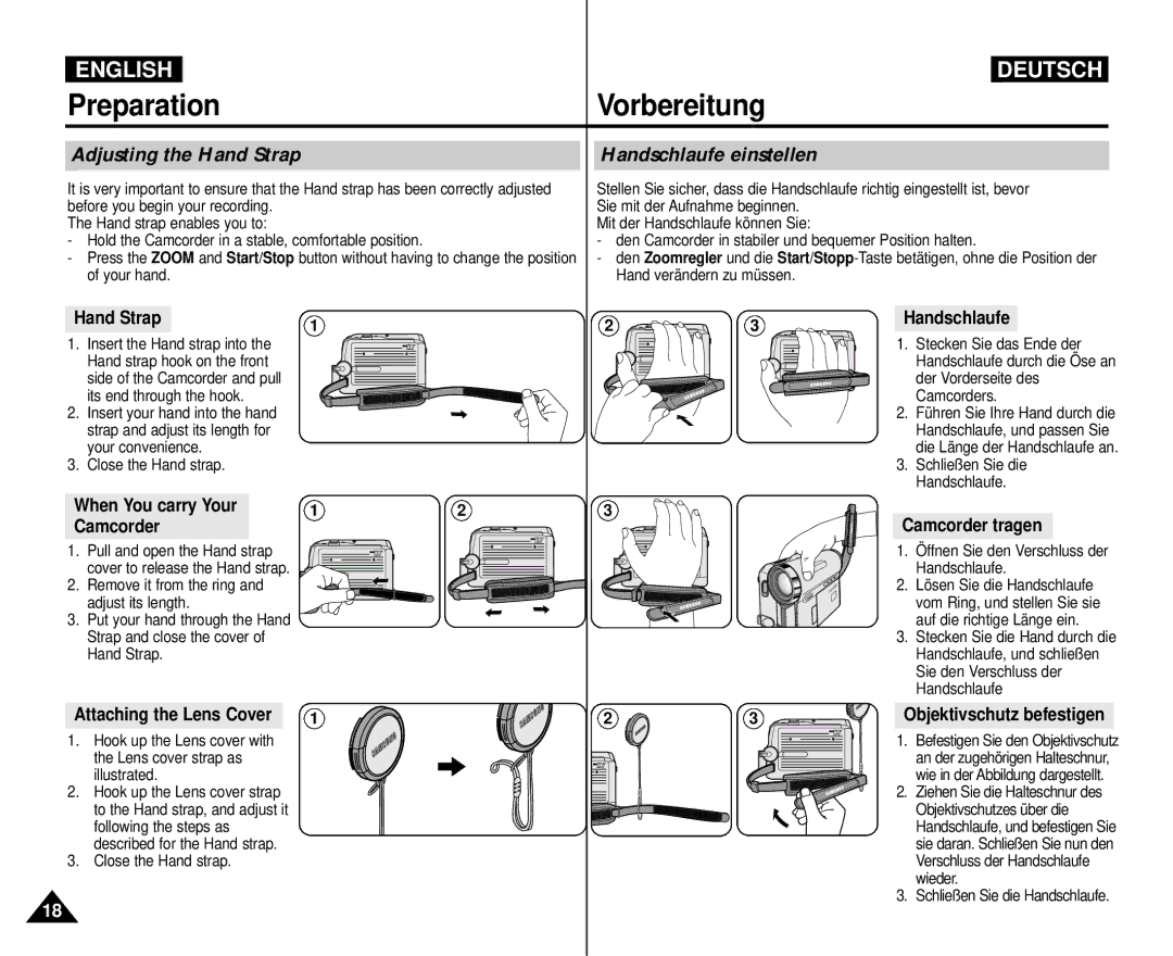 Samsung AD68-00839H manual Preparation Vorbereitung, Adjusting the Hand Strap Handschlaufe einstellen 