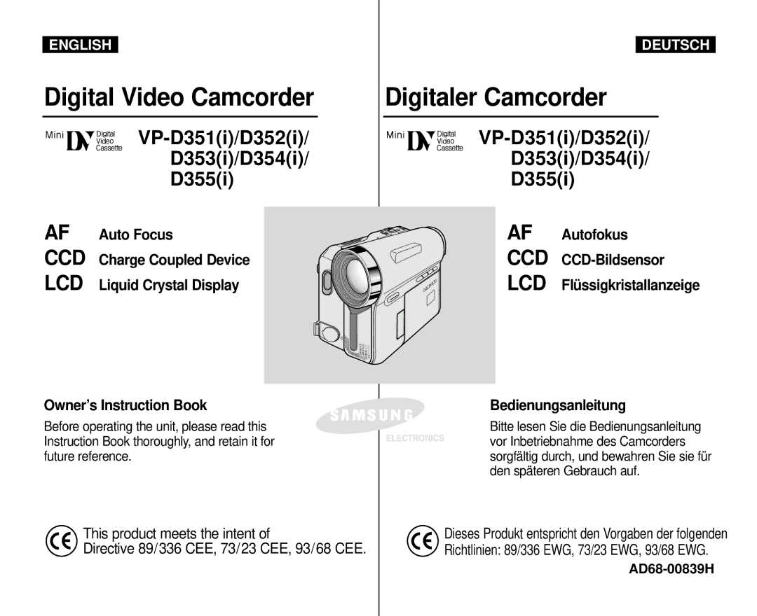 Samsung AD68-00839H VP-D351i/D352i D353i/D354i D355i, Flüssigkristallanzeige, Richtlinien 89/336 EWG, 73/23 EWG, 93/68 EWG 