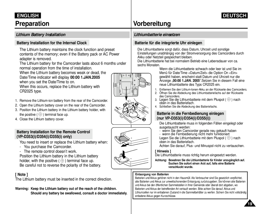 Samsung AD68-00839H Preparation Vorbereitung, Lithium Battery Installation, Battery Installation for the Internal Clock 