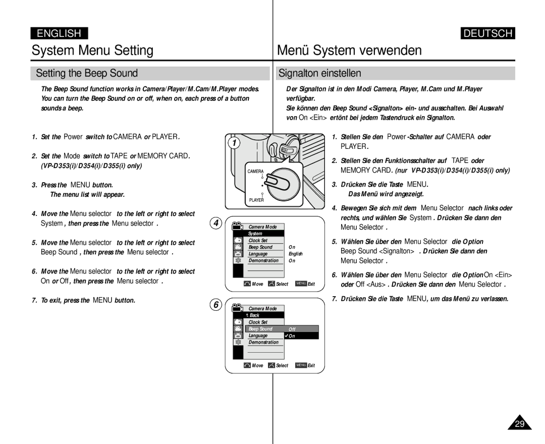 Samsung AD68-00839H manual Setting the Beep Sound Signalton einstellen, Menu Selector 