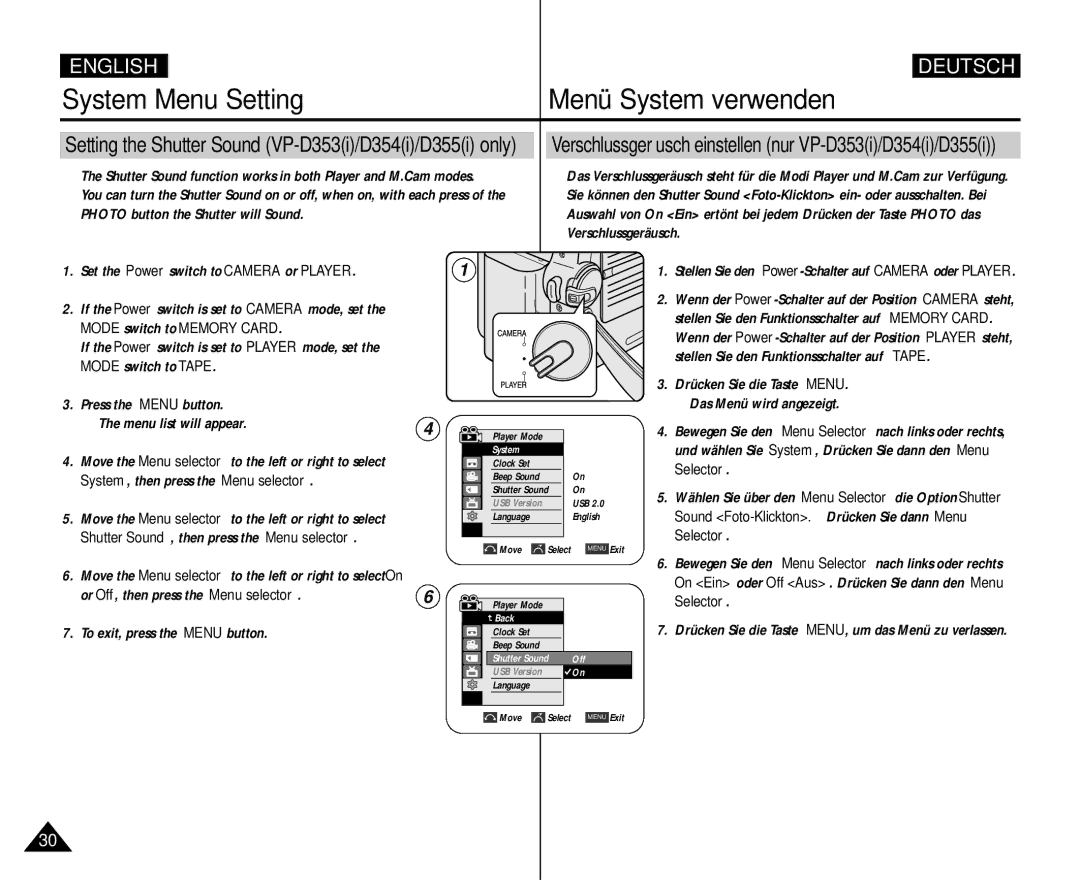 Samsung AD68-00839H manual System, then press the Menu selector, Shutter Sound, then press the Menu selector 