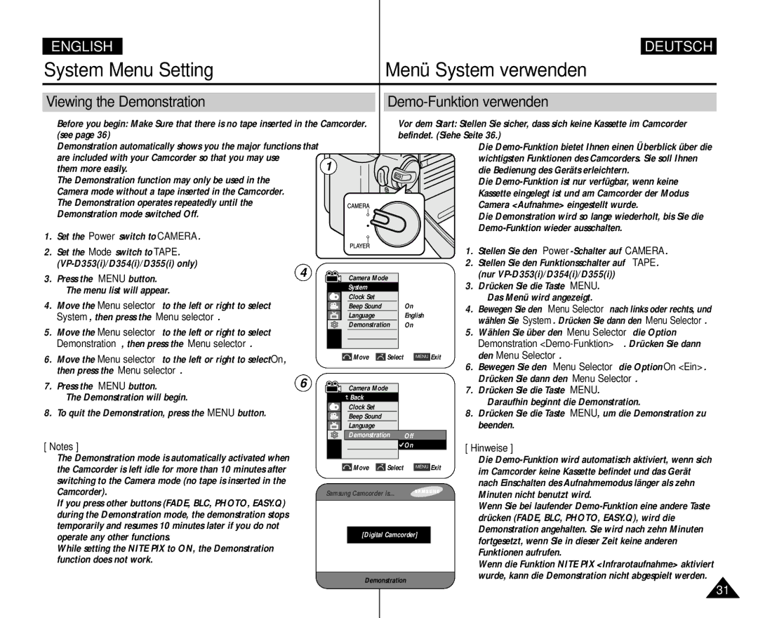 Samsung AD68-00839H manual System Menu Setting, Viewing the Demonstration, Demo-Funktion verwenden, Den Menu Selector 