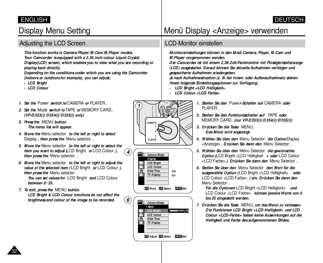 Samsung AD68-00839H Display Menu Setting Menü Display Anzeige verwenden, Adjusting the LCD Screen LCD-Monitor einstellen 