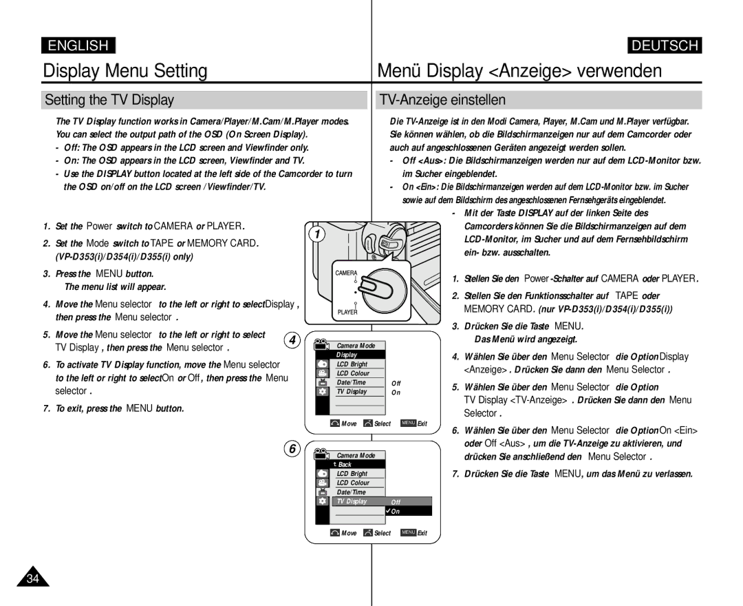 Samsung AD68-00839H Setting the TV Display TV-Anzeige einstellen, TV Display , then press the Menu selector, Selector 