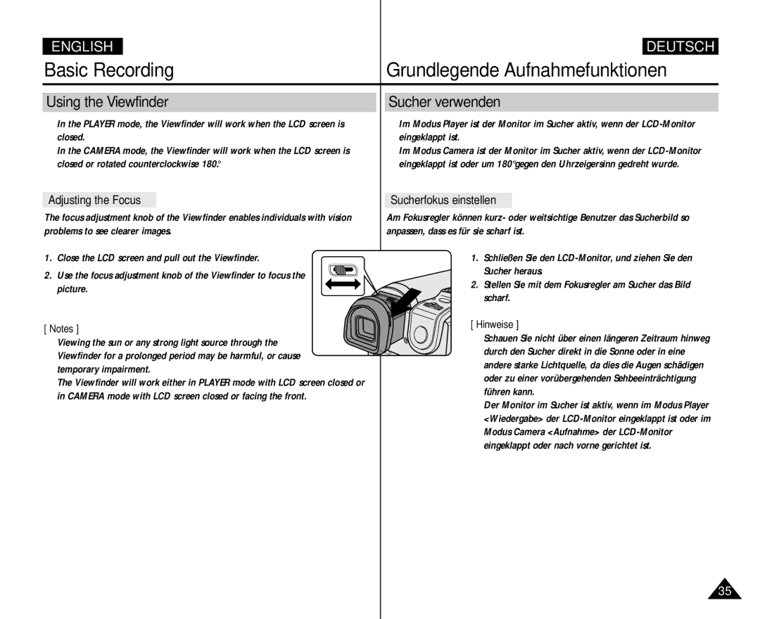 Samsung AD68-00839H manual Basic Recording Grundlegende Aufnahmefunktionen, Using the Viewfinder, Sucher verwenden 