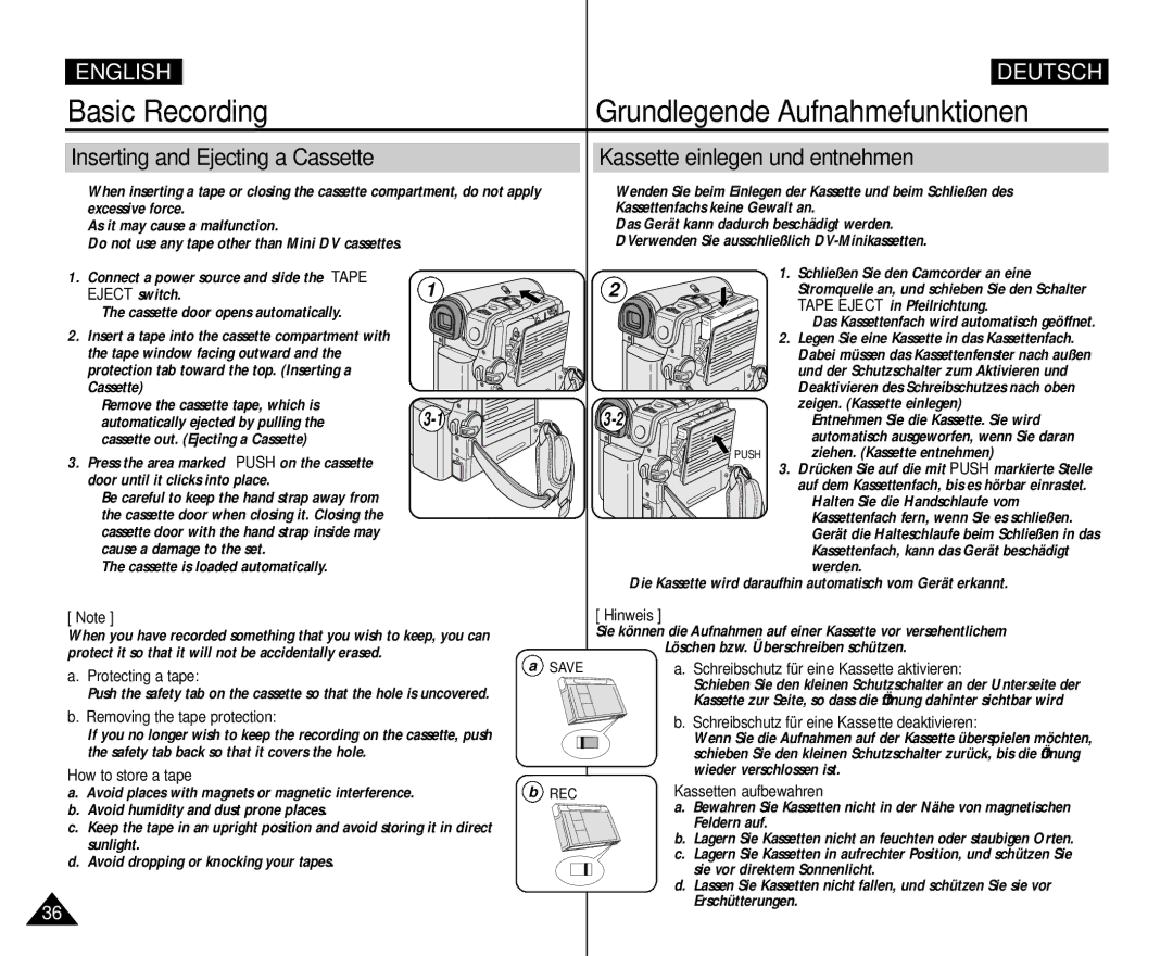 Samsung AD68-00839H manual Basic Recording Grundlegende Aufnahmefunktionen 