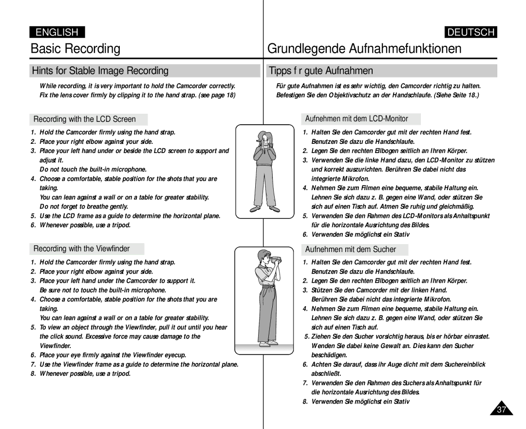 Samsung AD68-00839H manual Hints for Stable Image Recording Tipps für gute Aufnahmen, Recording with the LCD Screen 