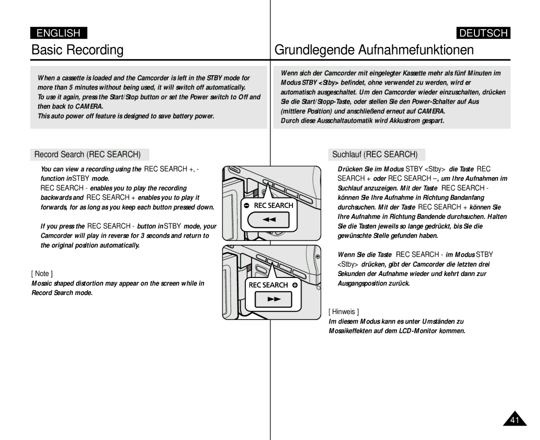 Samsung AD68-00839H Record Search REC Search, Suchlauf REC Search, Durch diese Ausschaltautomatik wird Akkustrom gespart 