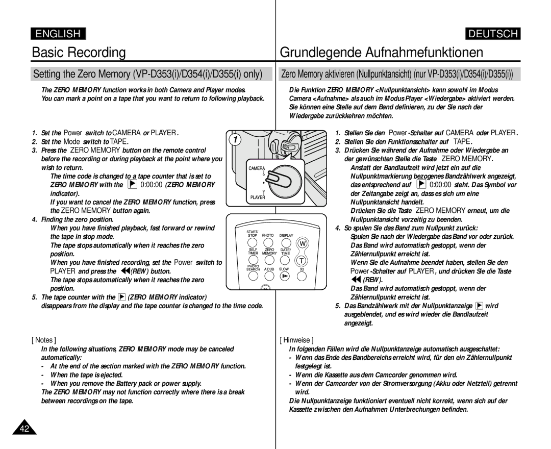 Samsung AD68-00839H Press the Zero Memory button on the remote control, Das entsprechend auf, Indicator, Tape in stop mode 