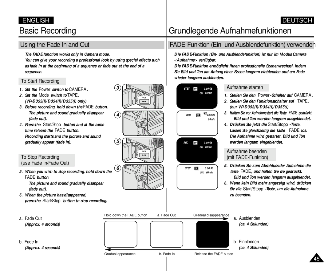 Samsung AD68-00839H manual Using the Fade In and Out, To Start Recording, Aufnahme starten, Aufnahme beenden 