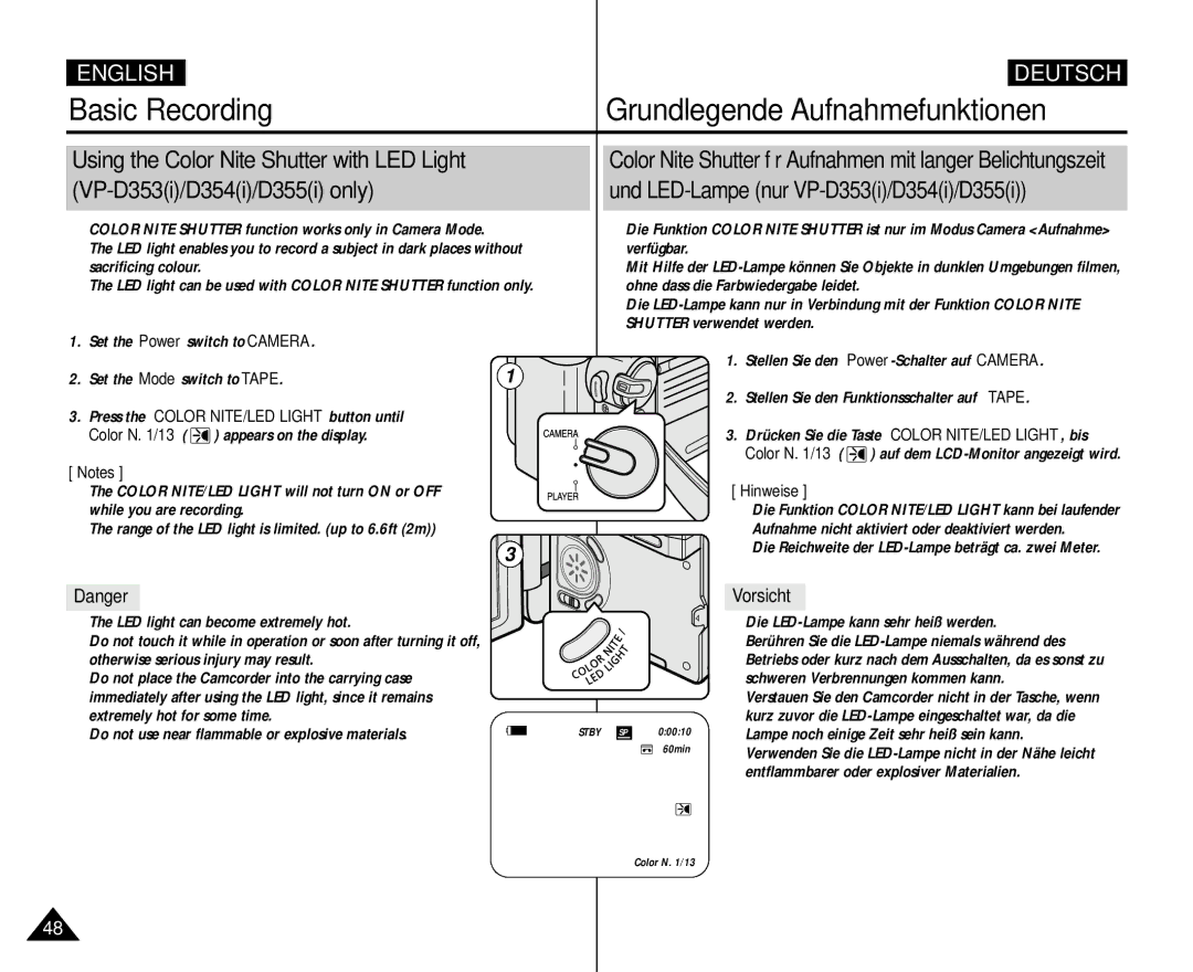 Samsung AD68-00839H manual Vorsicht, Set the Power switch to Camera Set the Mode switch to Tape 