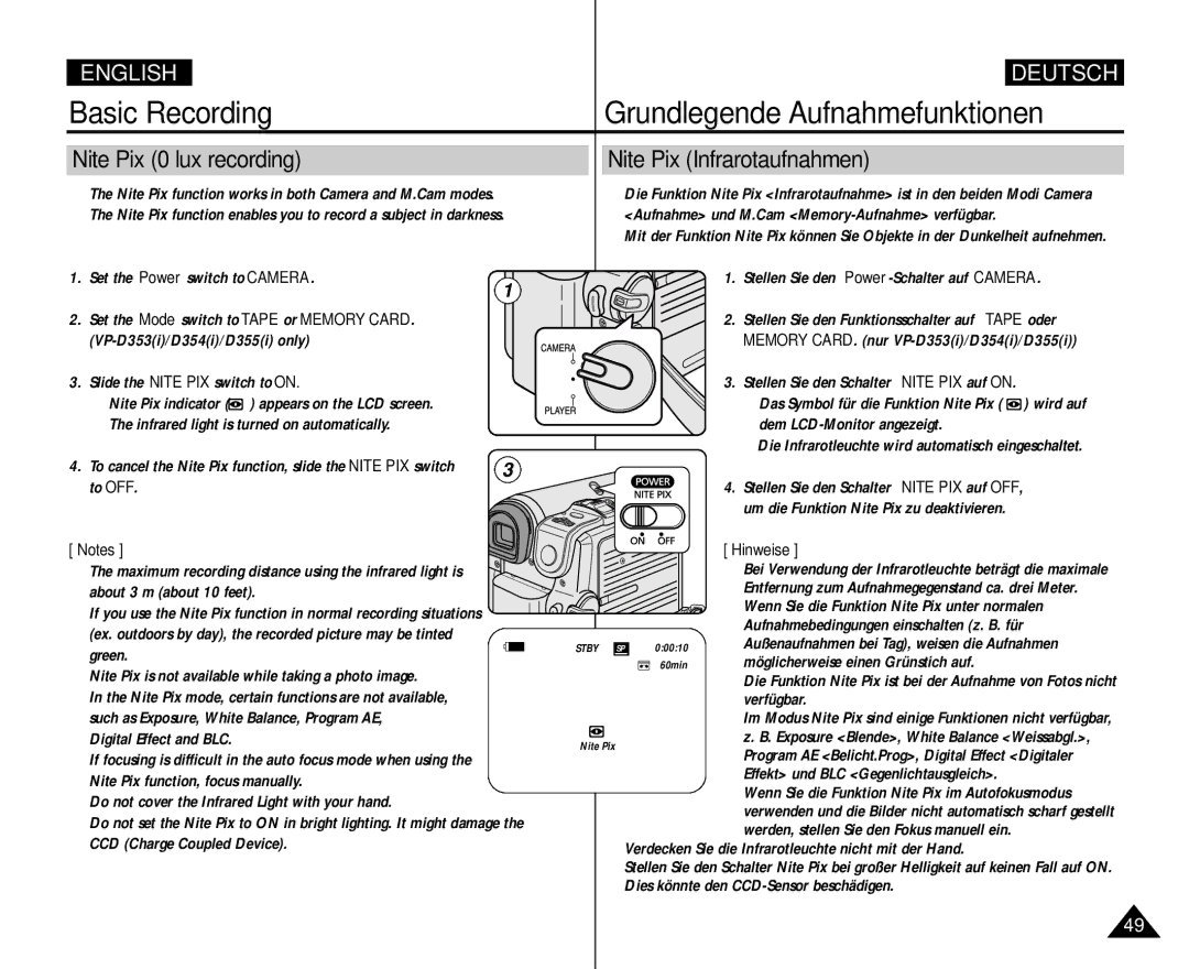 Samsung AD68-00839H manual Nite Pix 0 lux recording, Nite Pix Infrarotaufnahmen 