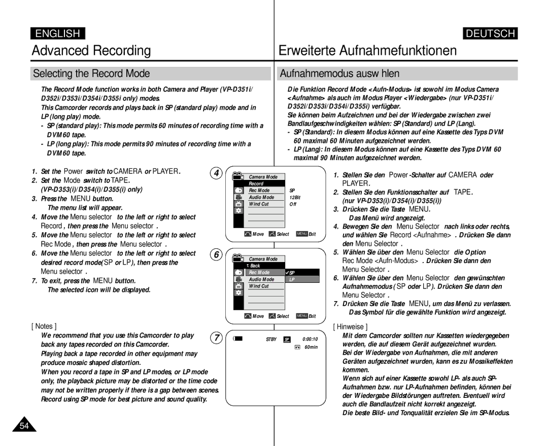 Samsung AD68-00839H manual Selecting the Record Mode, Aufnahmemodus auswählen, Record, then press the Menu selector 