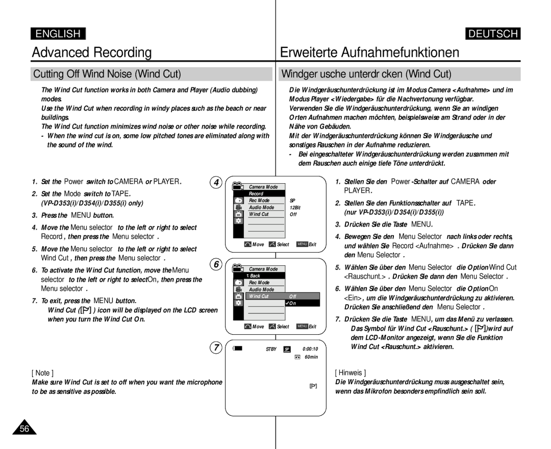 Samsung AD68-00839H manual Cutting Off Wind Noise Wind Cut, Windgeräusche unterdrücken Wind Cut 