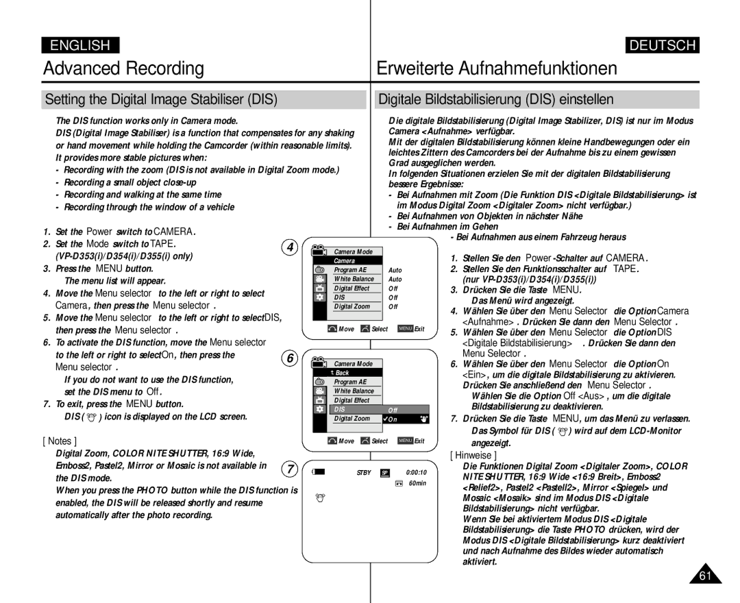 Samsung AD68-00839H manual Digitale Bildstabilisierung DIS einstellen, Camera , then press the Menu selector 