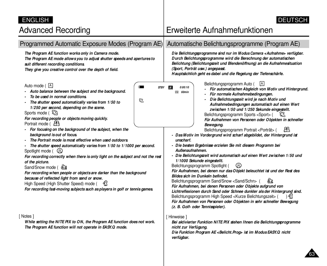 Samsung AD68-00839H manual Automatische Belichtungsprogramme Program AE 