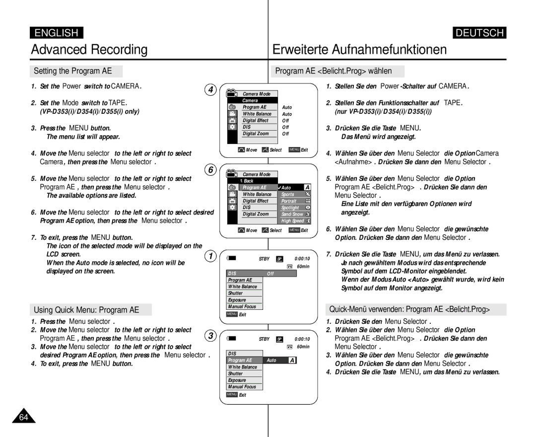 Samsung AD68-00839H manual Setting the Program AE Program AE Belicht.Prog wählen, Using Quick Menu Program AE 