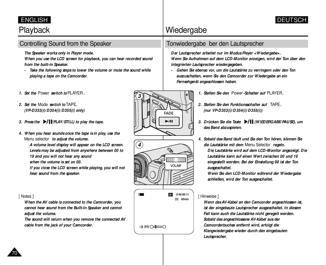 Samsung AD68-00839H manual Das Band abzuspielen, Die Lautstärke mit dem Menu Selector regeln, Ausgeschaltet 