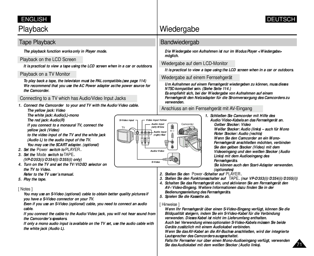 Samsung AD68-00839H manual Playback Wiedergabe, Tape Playback Bandwiedergab 