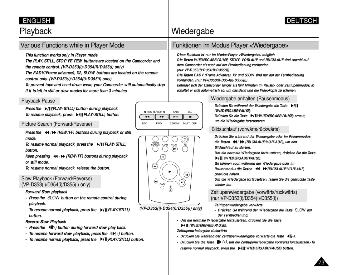 Samsung AD68-00839H manual Playback, Various Functions while in Player Mode, Funktionen im Modus Player Wiedergabe 