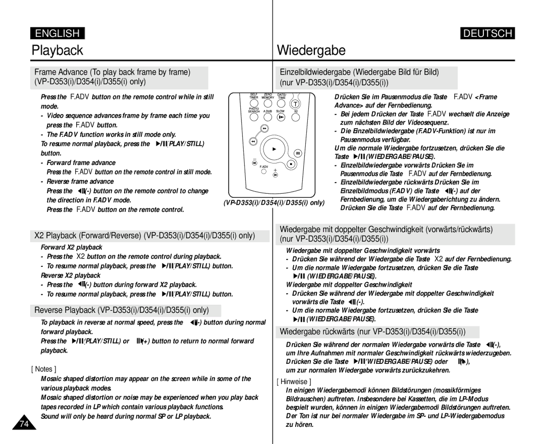 Samsung AD68-00839H manual Reverse Playback VP-D353i/D354i/D355i only, Wiedergabe rückwärts nur VP-D353i/D354i/D355i 