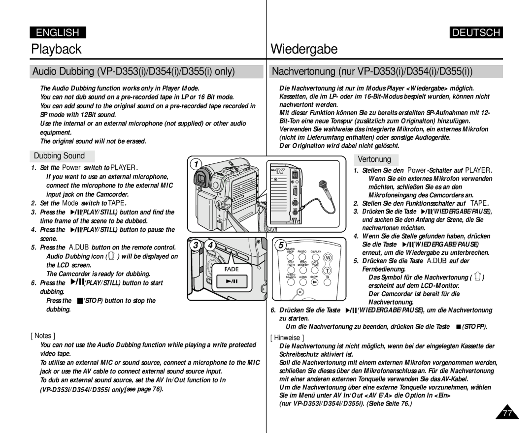 Samsung AD68-00839H manual Audio Dubbing VP-D353i/D354i/D355i only, Nachvertonung nur VP-D353i/D354i/D355i, Dubbing Sound 