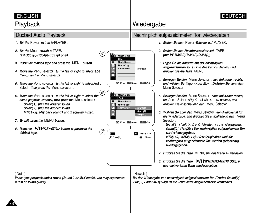 Samsung AD68-00839H manual Sound1 play the original sound Sound2 play the dubbed sound, Das nachvertonte Band wiederzugeben 