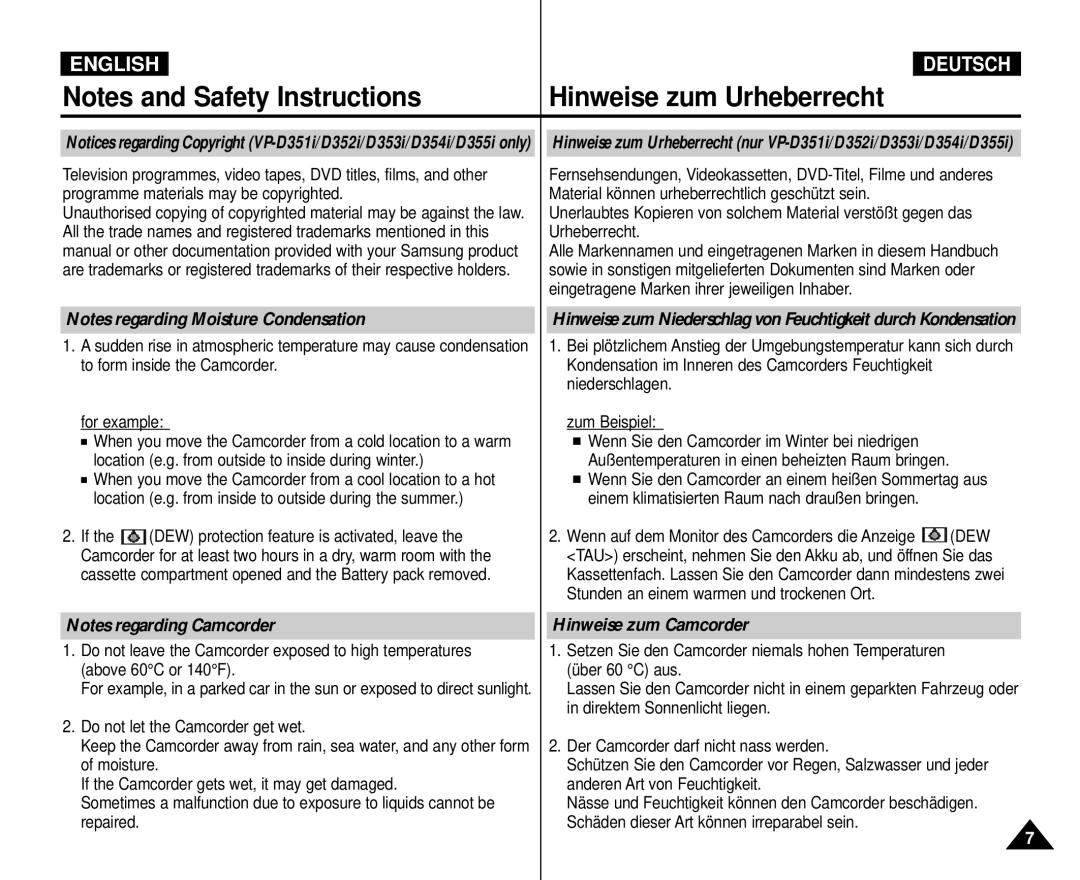 Samsung AD68-00839H manual Hinweise zum Urheberrecht, Hinweise zum Camcorder 