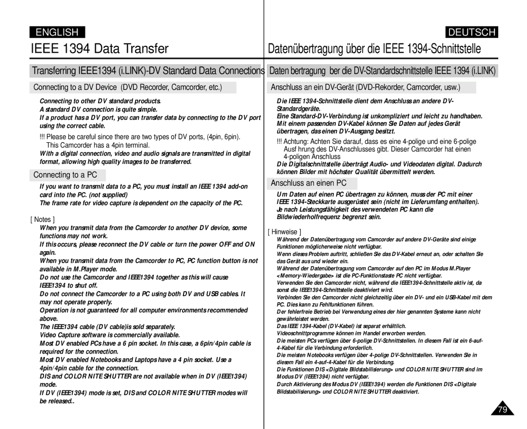 Samsung AD68-00839H manual Ieee 1394 Data Transfer, Connecting to a PC, Anschluss an einen PC 