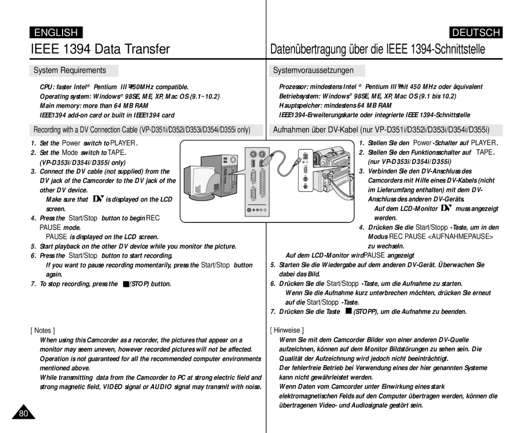 Samsung AD68-00839H manual Systemvoraussetzungen, Press the Start/Stop button to begin REC Pause mode 