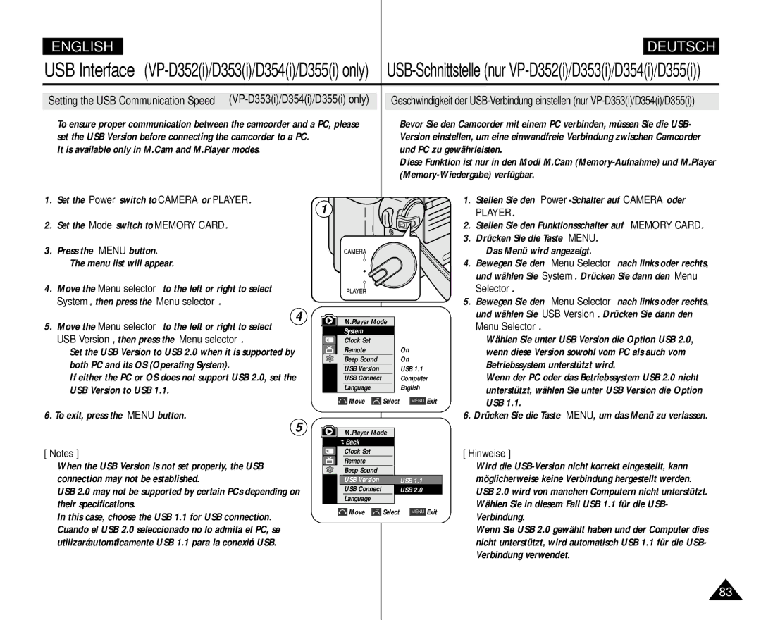 Samsung AD68-00839H manual USB Interface VP-D352i/D353i/D354i/D355i only, Betriebssystem unterstützt wird, Usb 