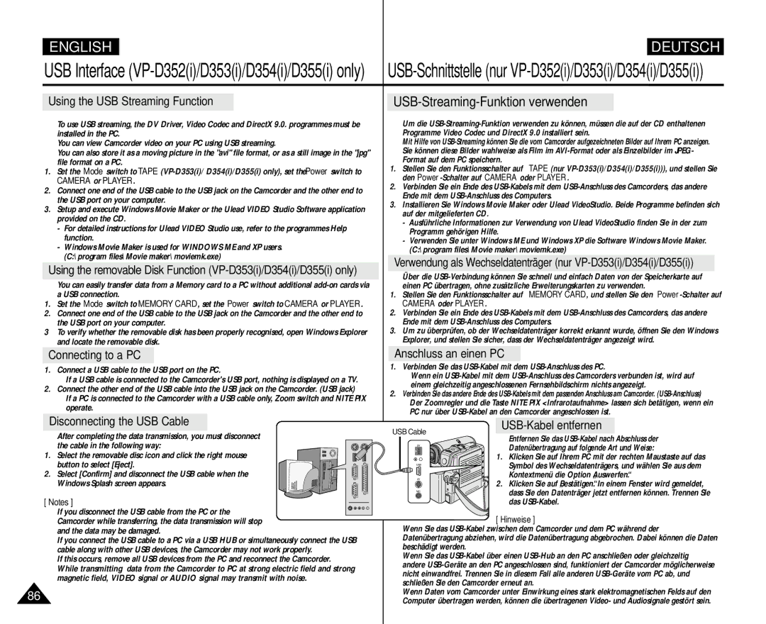 Samsung AD68-00839H manual Using the USB Streaming Function, Disconnecting the USB Cable, USB-Kabel entfernen 