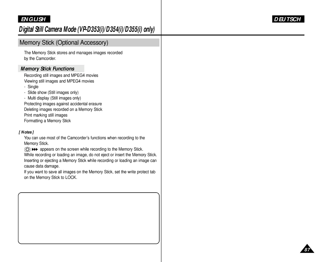 Samsung AD68-00839H manual Memory Stick Functions 