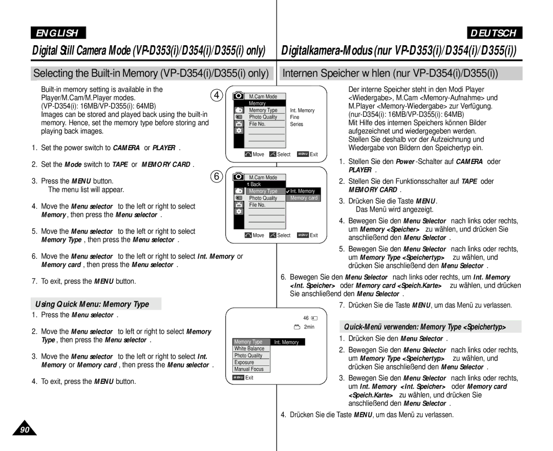 Samsung AD68-00839H manual Internen Speicher wählen nur VP-D354i/D355i, Using Quick Menu Memory Type 