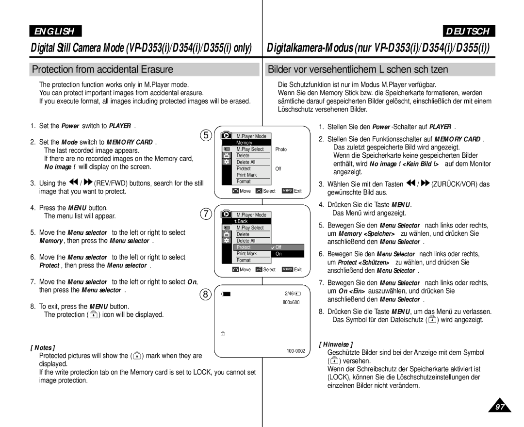 Samsung AD68-00839H manual Protection from accidental Erasure, Bilder vor versehentlichem Löschen schützen 