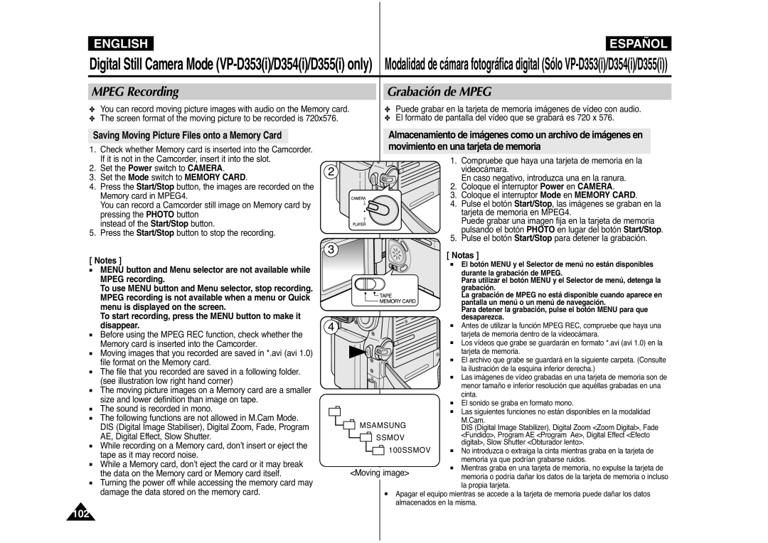 Samsung AD68-00839J manual Mpeg Recording Grabación de Mpeg, Saving Moving Picture Files onto a Memory Card 