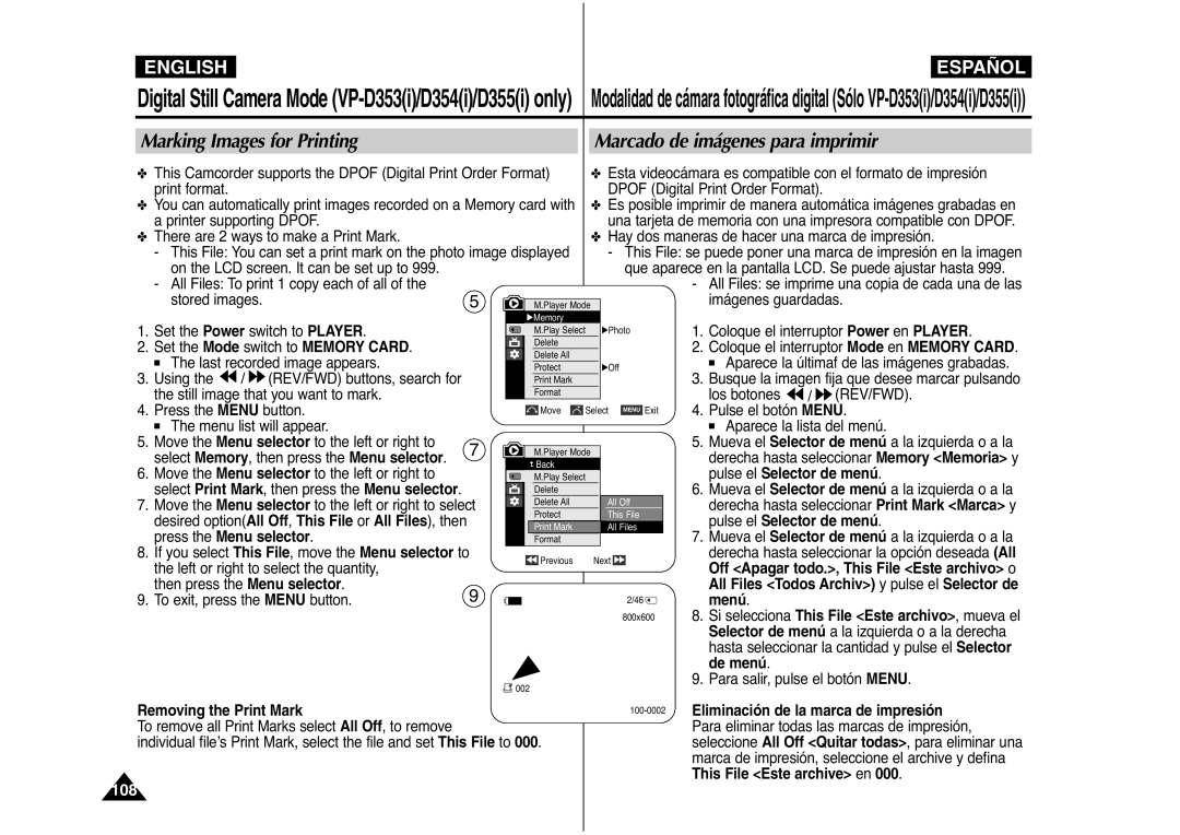 Samsung AD68-00839J manual Menú, De menú, Removing the Print Mark, Eliminación de la marca de impresión 