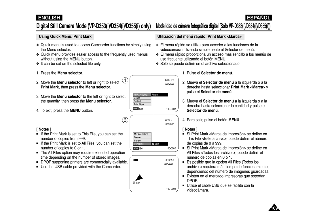 Samsung AD68-00839J manual Press the Menu selector Pulse el Selector de menú, Print Mark , then press the Menu selector 