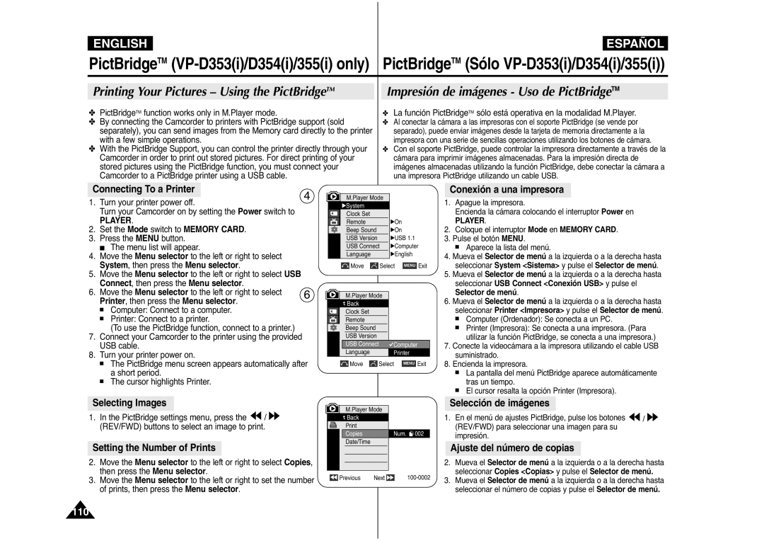 Samsung AD68-00839J manual Conexión a una impresora, Selecting Images, Setting the Number of Prints, Selección de imágenes 