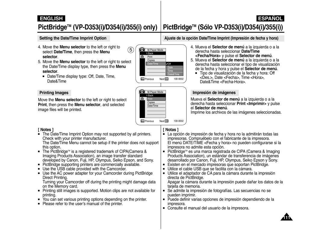 Samsung AD68-00839J manual Setting the Date/Time Imprint Option, Selector, Printing Images, Impresión de imágenes 