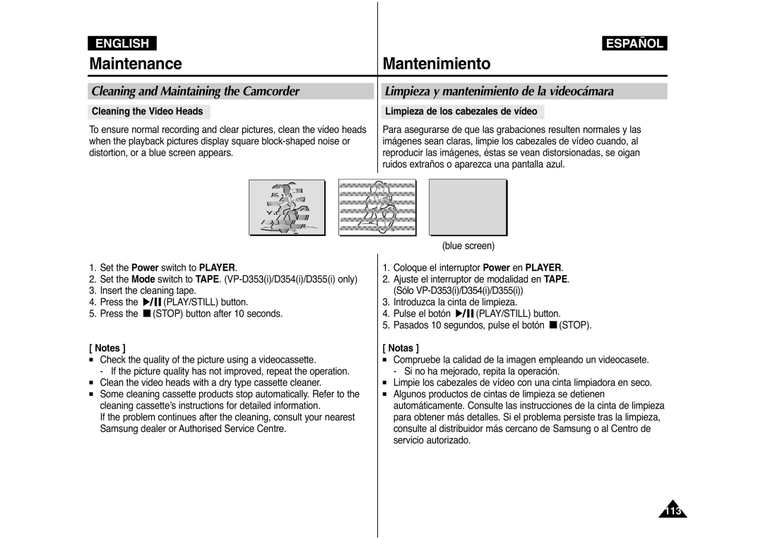 Samsung AD68-00839J manual Maintenance Mantenimiento, Cleaning the Video Heads Limpieza de los cabezales de vídeo 