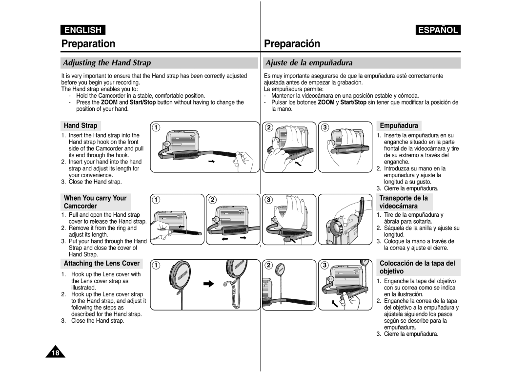 Samsung AD68-00839J manual Hand Strap, Empuñadura, When You carry Your Camcorder, Attaching the Lens Cover 