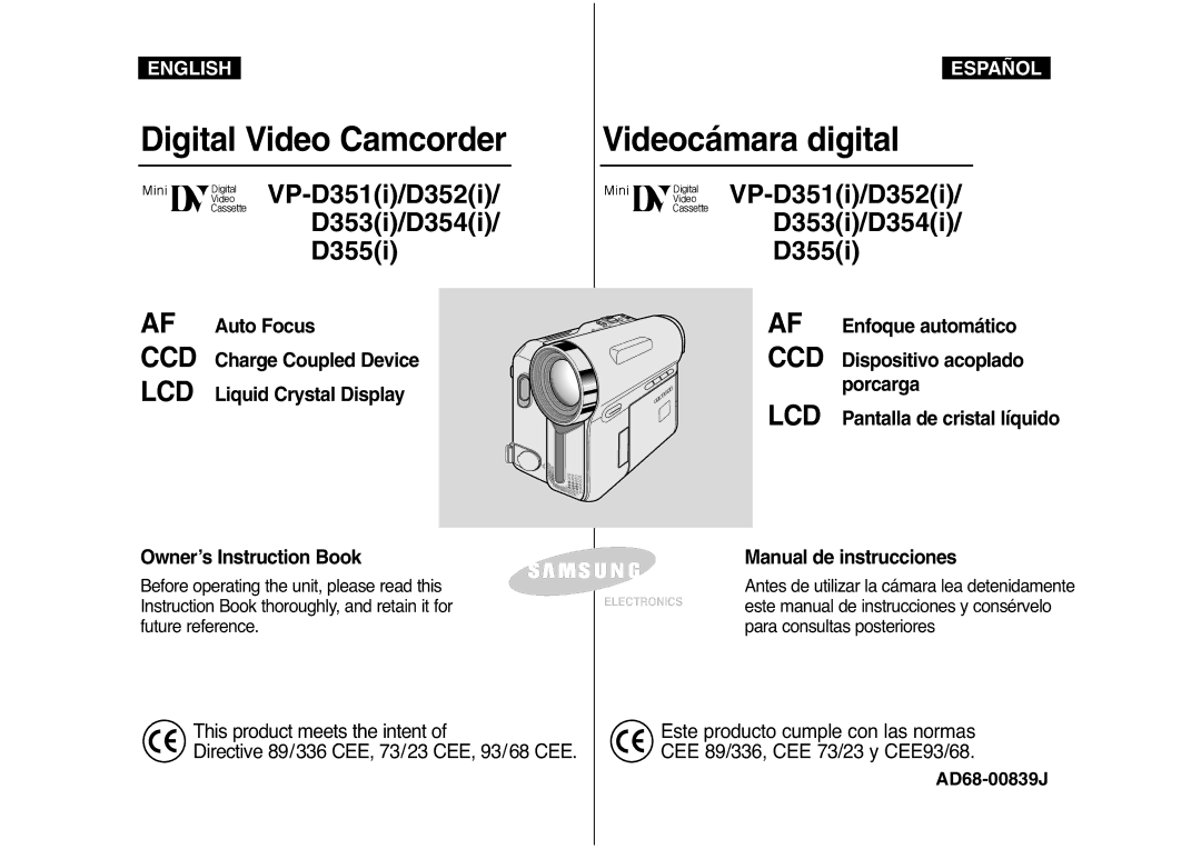 Samsung AD68-00839J manual Digital Video Camcorder Videocámara digital 