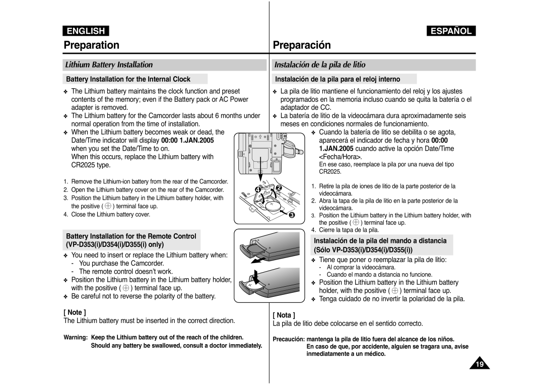 Samsung AD68-00839J manual Battery Installation for the Internal Clock, Instalación de la pila para el reloj interno, Nota 